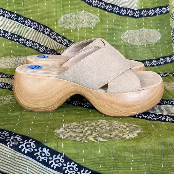 Zara Leather Suede Chunky Wood Heel Boho Hippie Sandals Size 38/ US 8 - Picture 4 of 14